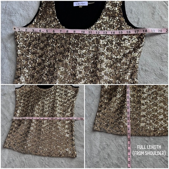 Calvin Klein Sequin Sleeveless Holiday Party Ribbed Tank Top Gold Black Large - Picture 10 of 10